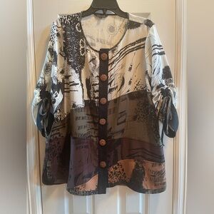 John Mark Tunic Artsy Earth-tone Rounded Collar Top, Ruched Sleeves, Large